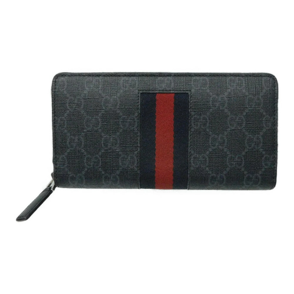 GUCCI GG Supreme Round Zipper Wallet Gray Sherry Red Long